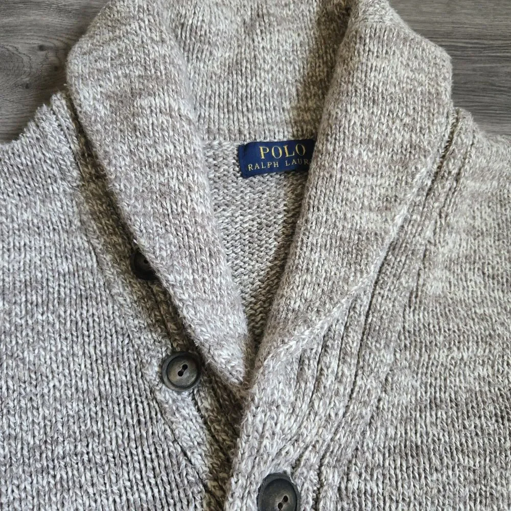 Vintage Polo RL & Co Men's XL Oatmeal Chunky Knit Shawl Collar Cardigan Sweater